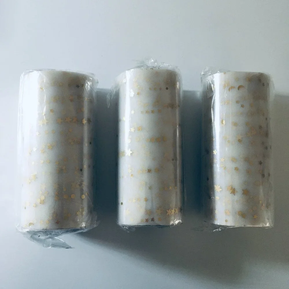 3 Rolls White Mesh Tulle Wide Ribbon with Gold Moons & Stars